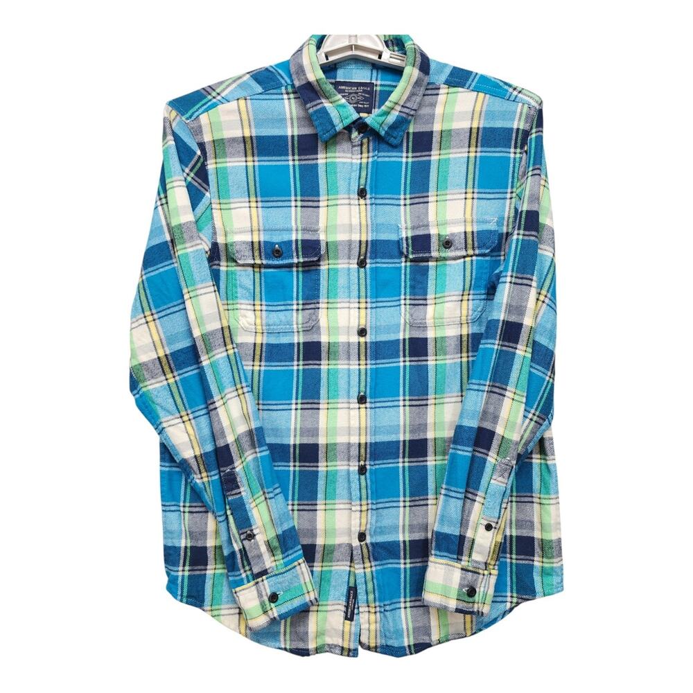 American Eagle Outfitters Men’s Medium Flannel Button Up Shirt Blue Plaid Cotton - Picture 10 of 16